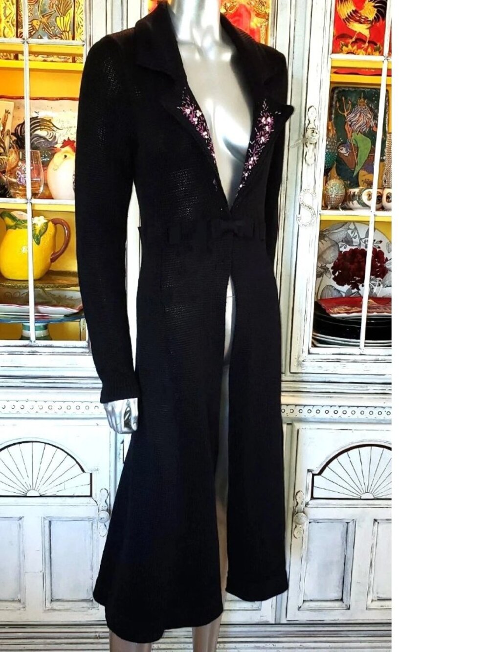 Vintage Betsey Johnson New York Duster Coat Black Sweater Dress Knit Jacket M S - Picture 3 of 14